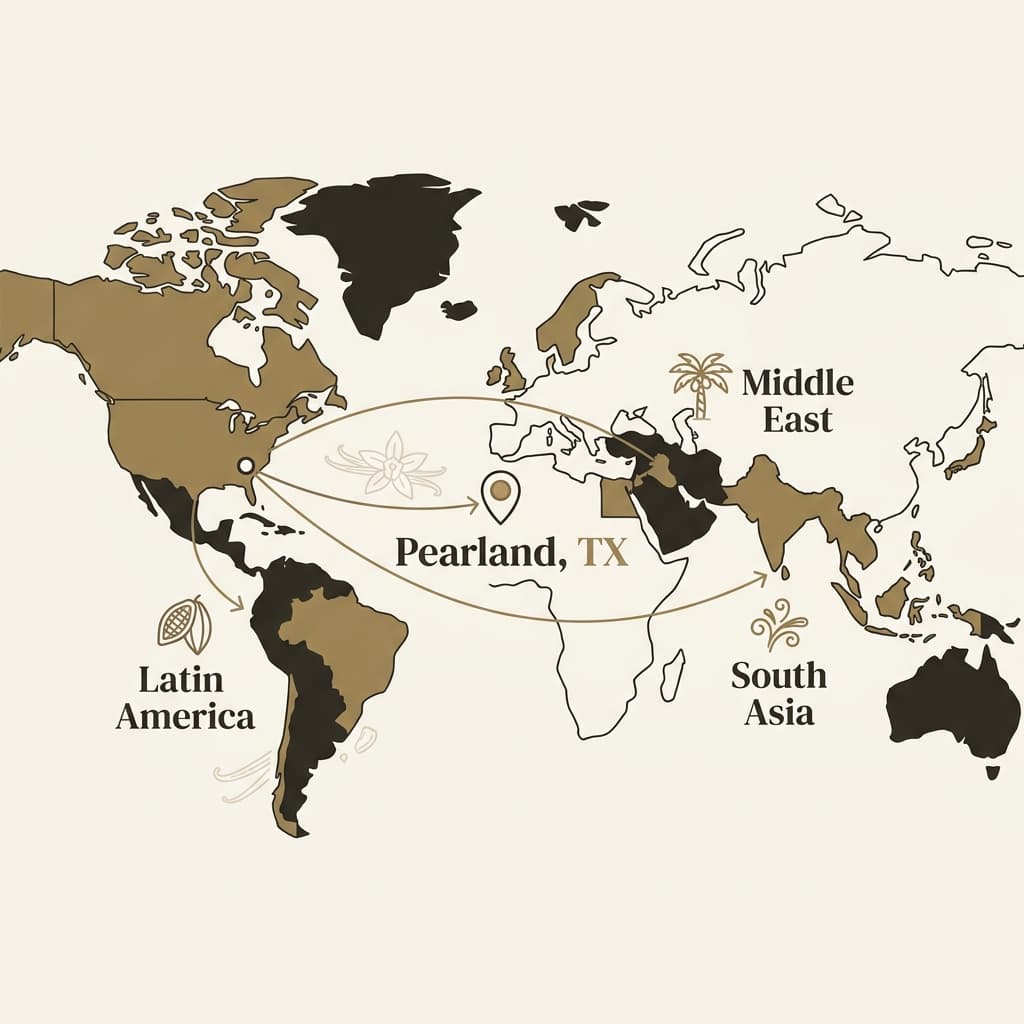 Map showing culinary connections from Pearland to Latin America, Middle East, and South Asia